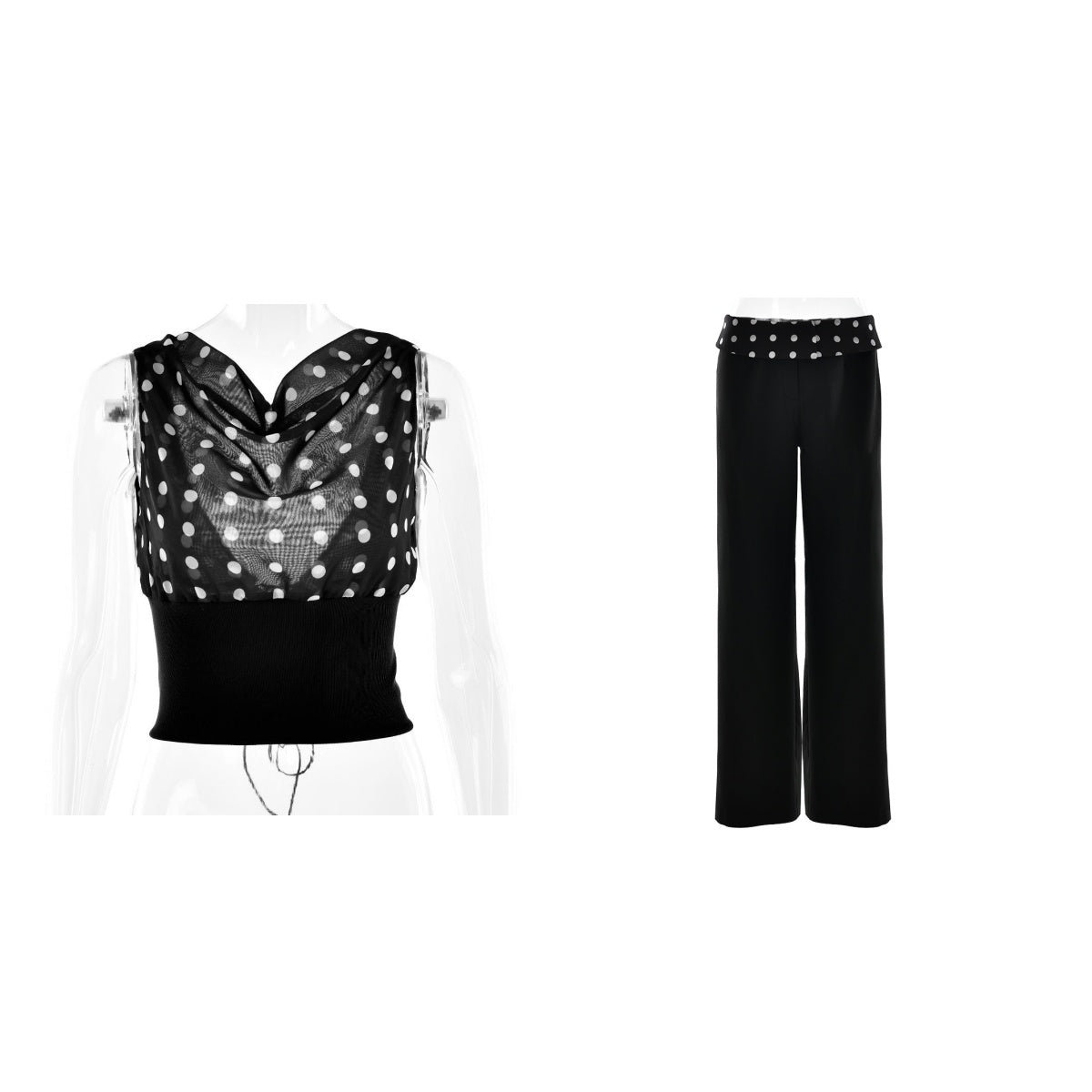 Polka Dots Schuine Schouder Top Met Vetersluiting Of Als Set Met Broek