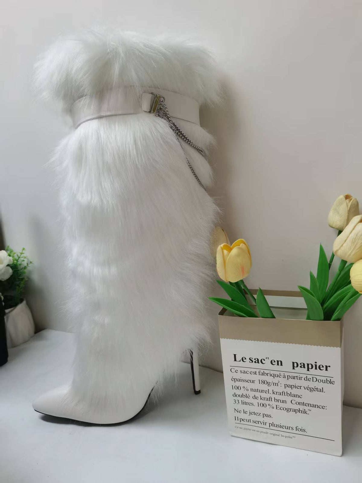 Pointed-toe furry boots high heels