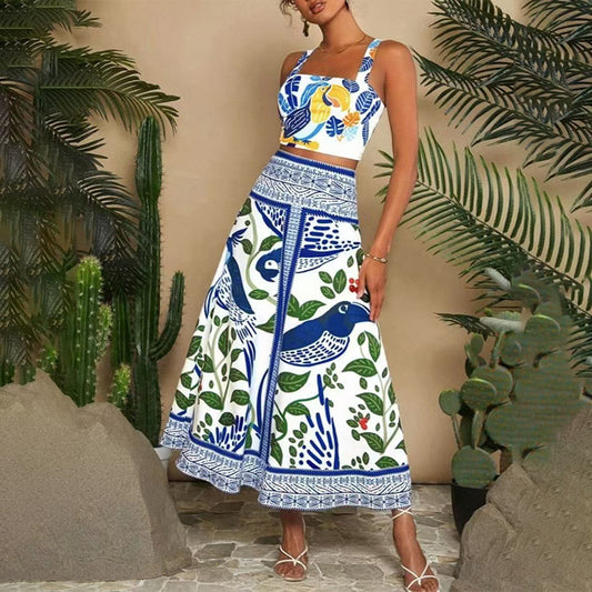 Sexy crop top en maxi-rok met print