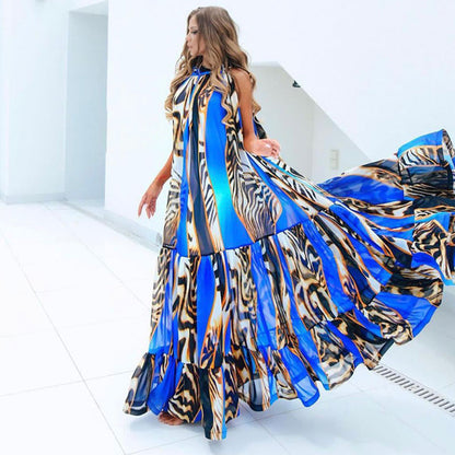Casual Printed Loose Large Hem Dress Sexy Sleeveless Lady Beach Maxi Dress Summer Fashion Elegant Boho Dresses