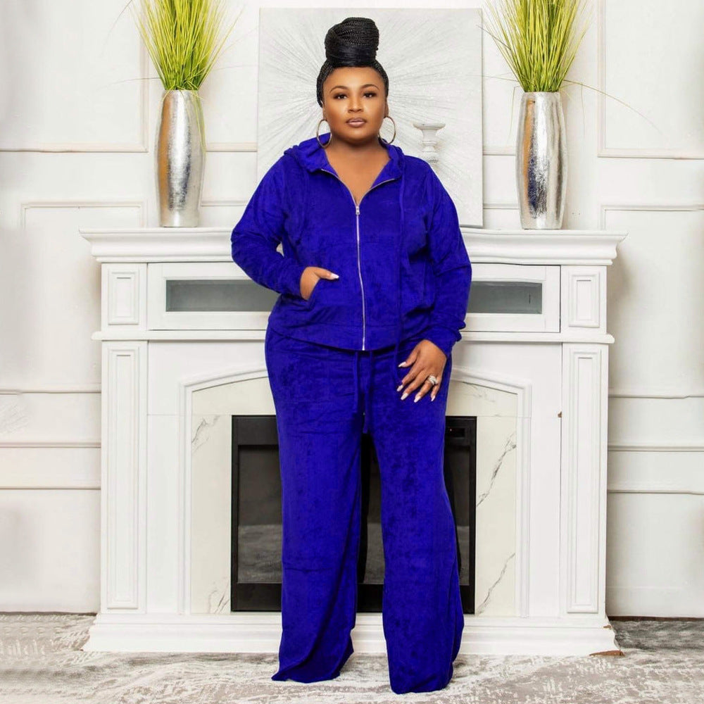 Plus size dames tweedelige set sweatvest met rits en capuchon + broek met hoge taille en wijde pijpen