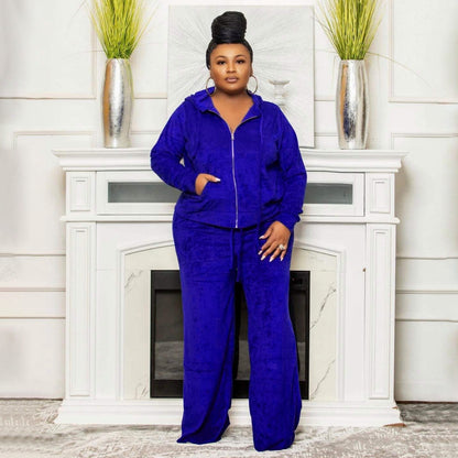Plus size dames tweedelige set sweatvest met rits en capuchon + broek met hoge taille en wijde pijpen