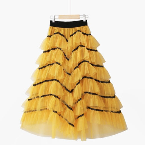 Summer Temperament Fluffy Cakee Tulle Maxi Long Skirt Multi-layered Irregular Fairy Anke Long Mesh Skirt
