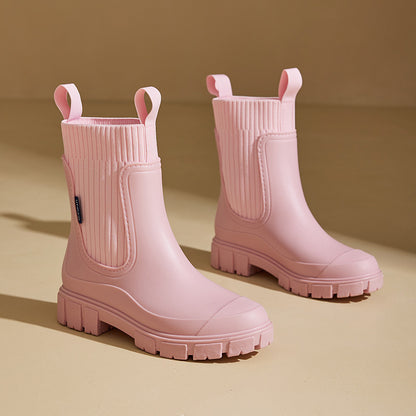 Women's Mid-Calf Waterproof PVC Non-Slip Rain Boots with Elastic Top