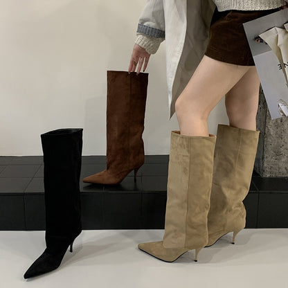 Fashion Pointed Toe High Boots Simple and Elegant Solid Color High Heel Over-the-Knee Long Boots