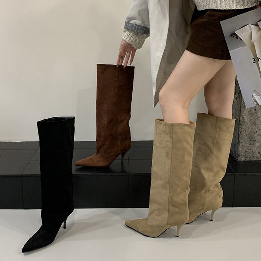 Fashion Pointed Toe High Boots Simple and Elegant Solid Color High Heel Over-the-Knee Long Boots