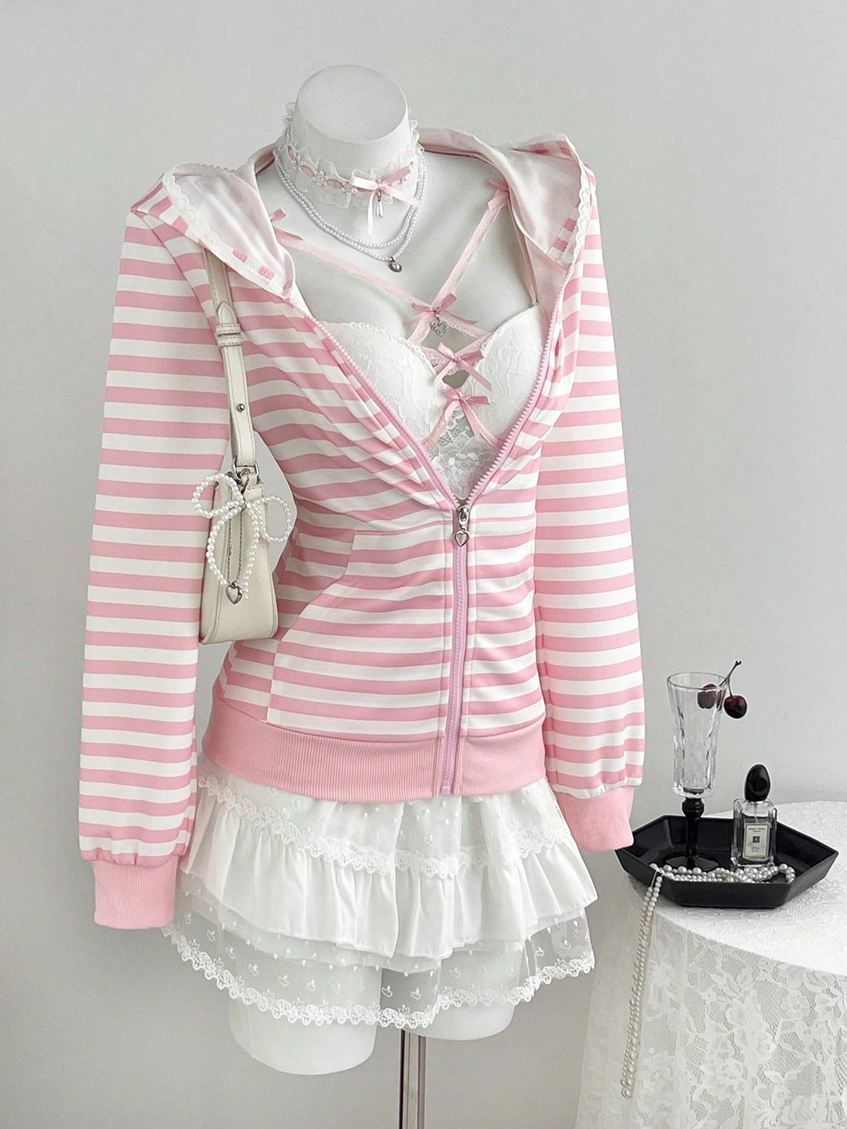 Pure Desire Powder White Striped Hooded Sweatshirt