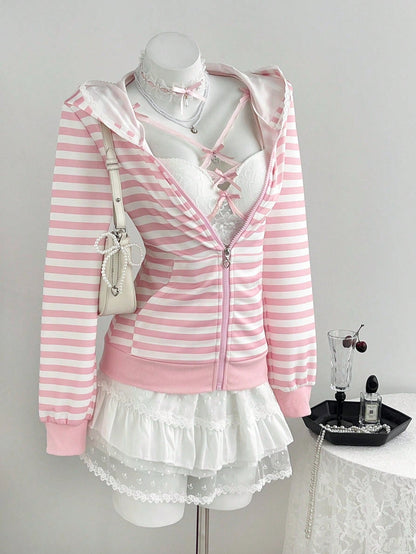 Pure Desire Powder White Striped Hooded Sweatshirt