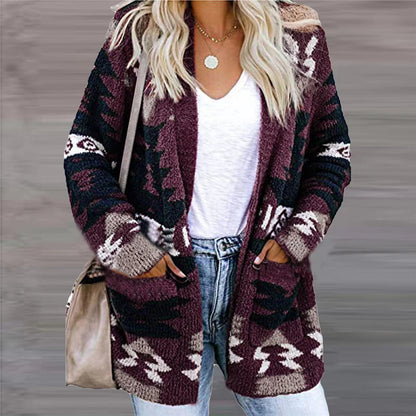 Dames los gebreid vest met print en zakken