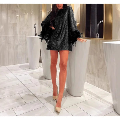 2026 European and American Foreign Trade Cross-Border New Women's Clothing Sexy Fur Sleeve Sequined V-Neck Tie Elegant Short Dress