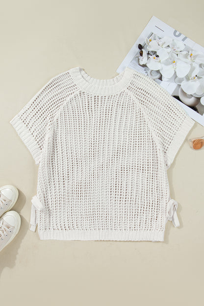 Plus size open gebreide trui met strik en korte mouwen