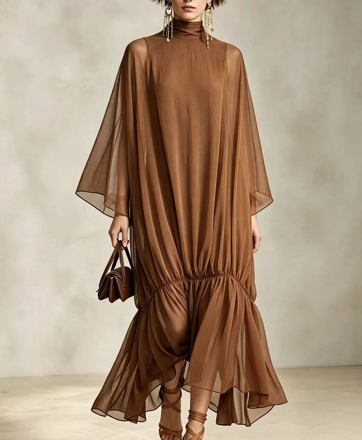 Loose Fit Pleated Dress with Batwing Sleeves