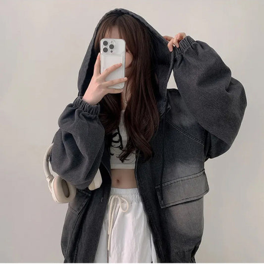 Womens Loose Denim Hooded Coat