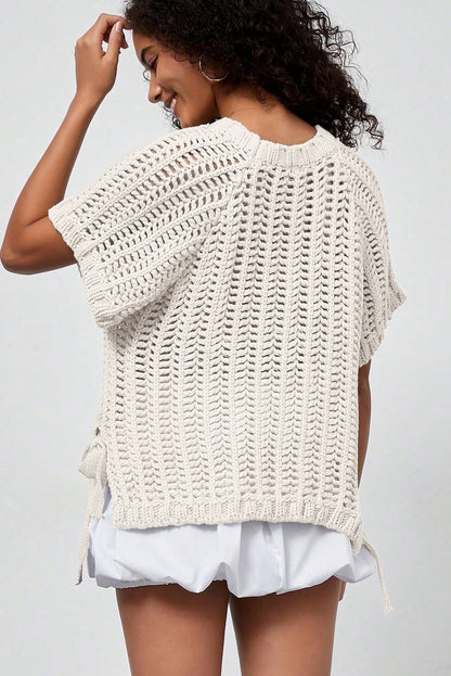 Plus size open gebreide trui met strik en korte mouwen
