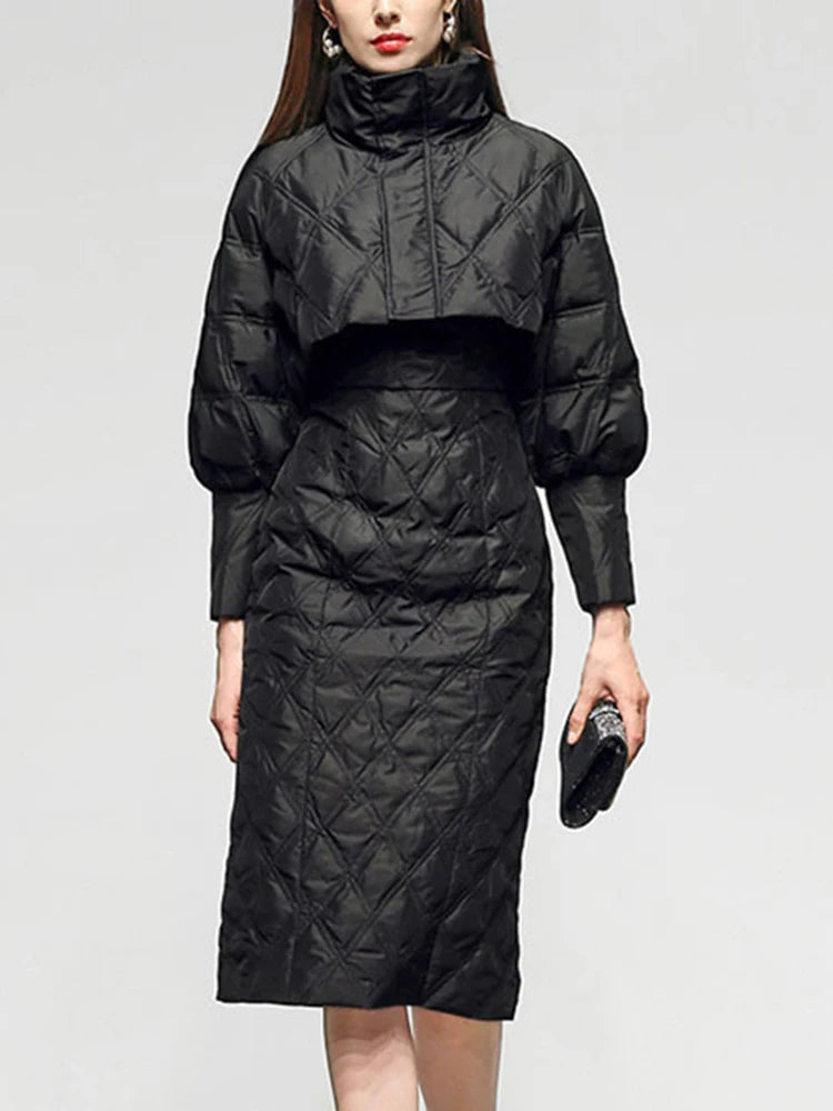 Solid Two Piece Sets For Women Stand Collar Lantern Sleeve Parka O Neck Sleeveless High Waist Dress Chic Set Female
