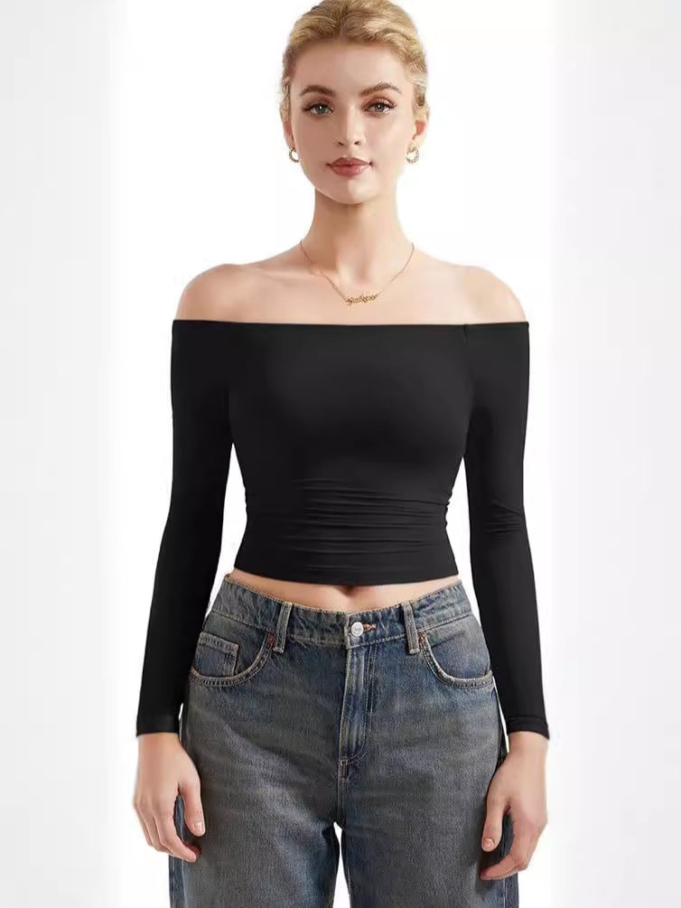 Women's Off-Shoulder Long Sleeve Crop Top Slim Fit Pullover