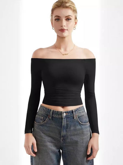Women's Off-Shoulder Long Sleeve Crop Top Slim Fit Pullover