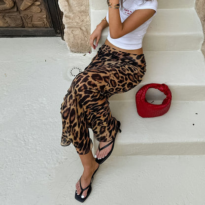 Summer classic leopard print mid waist and floor skirt