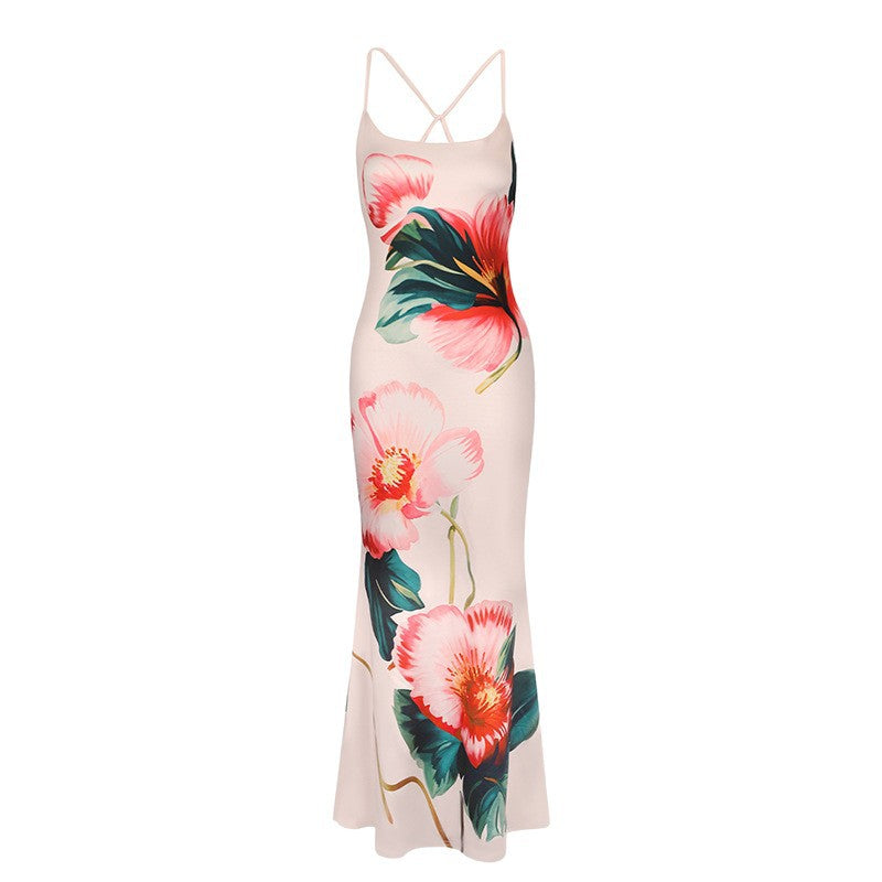Strap backless floral print sexy jumpsuit long skirt