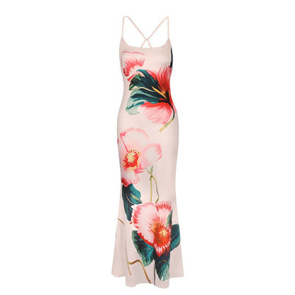 Strap backless floral print sexy jumpsuit long skirt