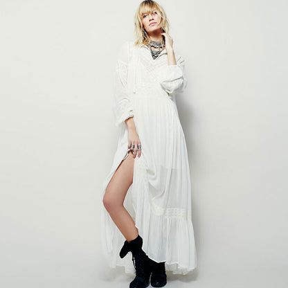 Dames maxi-jurk met lange mouwen van linnen met etnische borduursels hippie/boho stijl