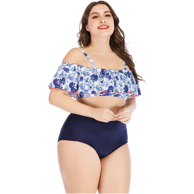 Plus size bedrukt bikini met volant