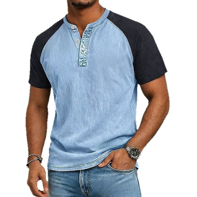 Men's Vintage Washed Henry Collar Short Sleeve Shirt