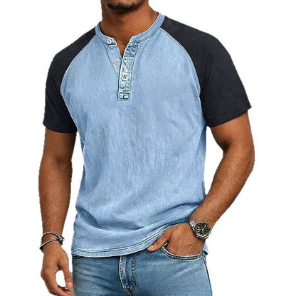 Men's Vintage Washed Henry Collar Short Sleeve Shirt
