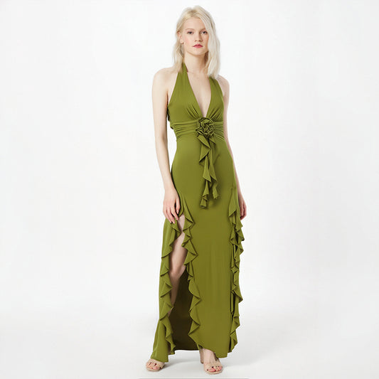 European and American women's new sexy deep V-neck halterneck slit solid-color dress with flower decoration for summer