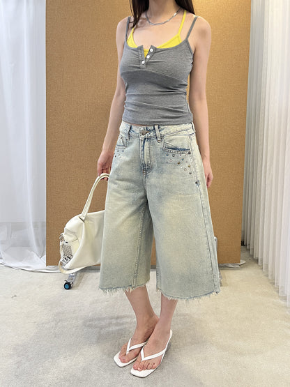 Womens Rhinestone Frayed Hem Denim Pants