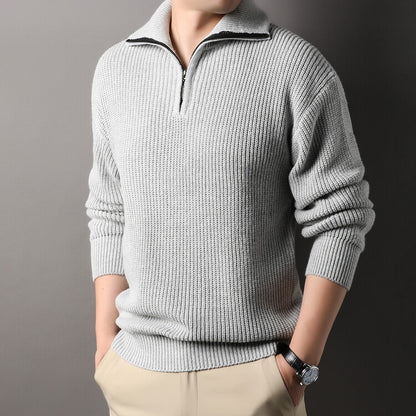 Men's Solid Color Long-Sleeve Turn-Down Collar Knitted Sweater