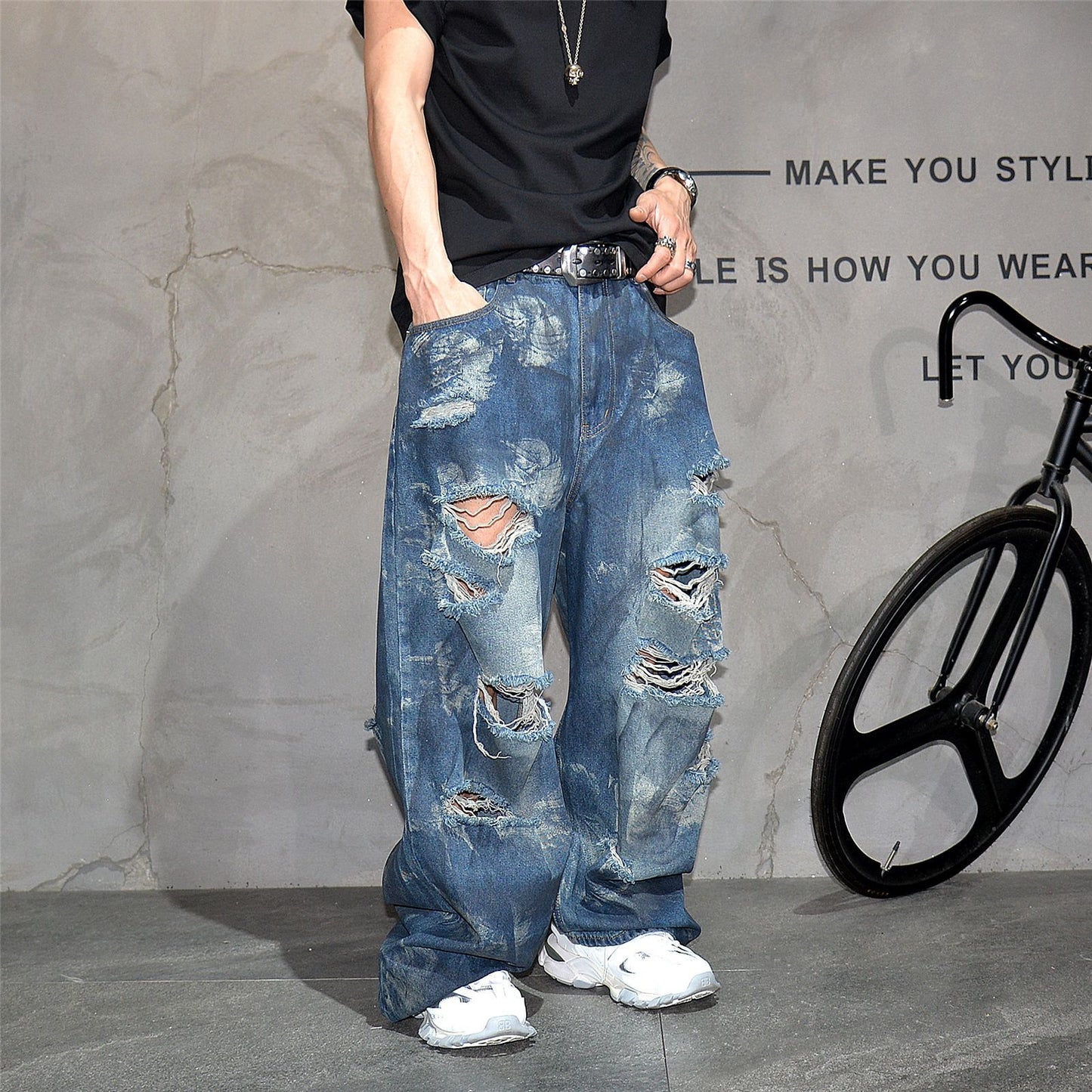 Retro distressed distressed heavy-duty wide leg loose jeans