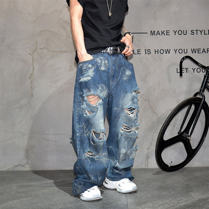 Retro distressed distressed heavy-duty wide leg loose jeans