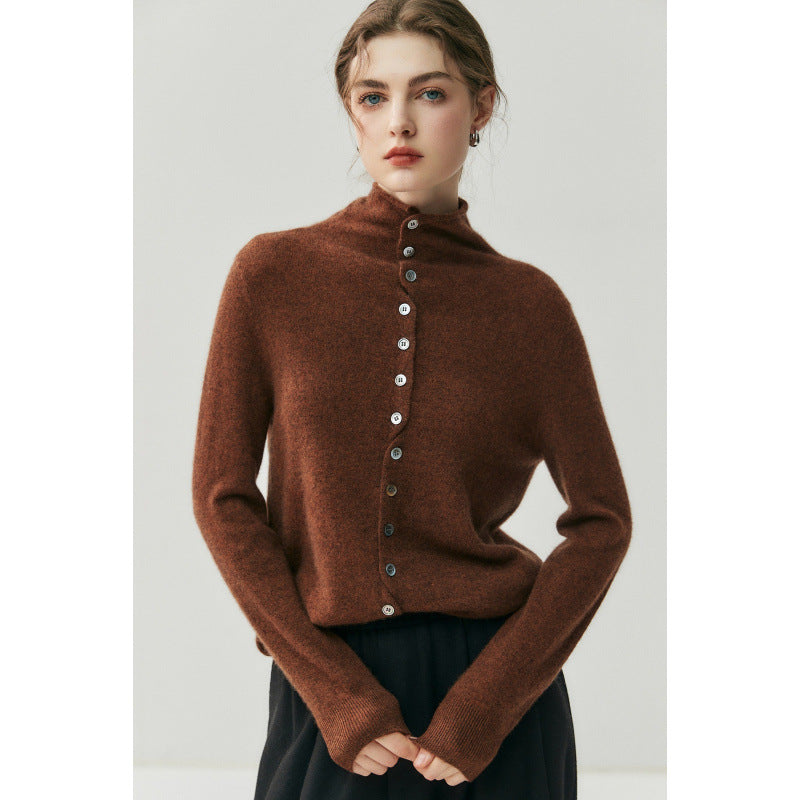 Reversible Cashmere Cardigan Women High Neck Knitted Sweater