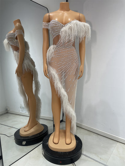 Pearl Mesh One Shoulder Evening Dress