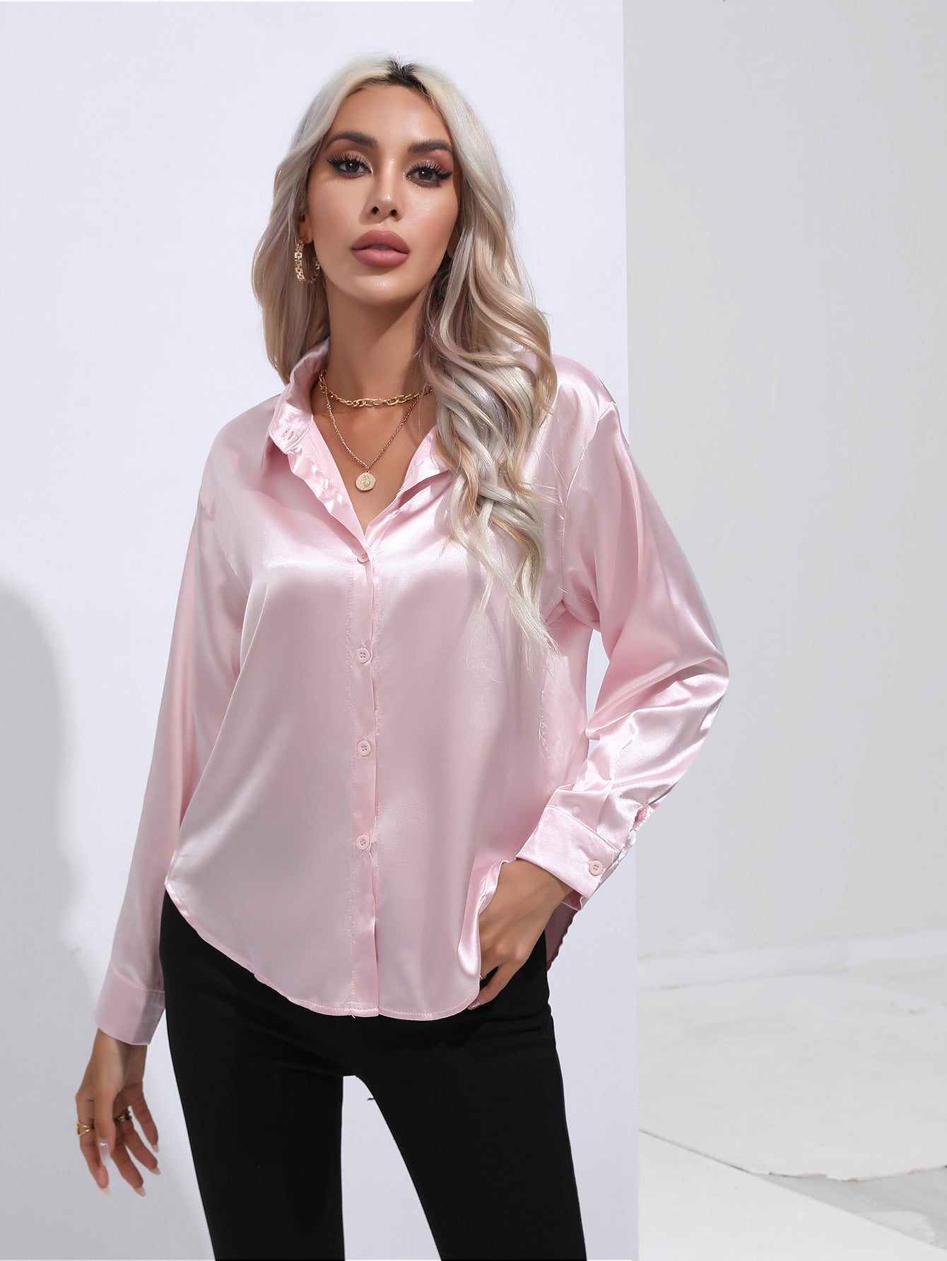 Womens Long Sleeve Satin Shirt