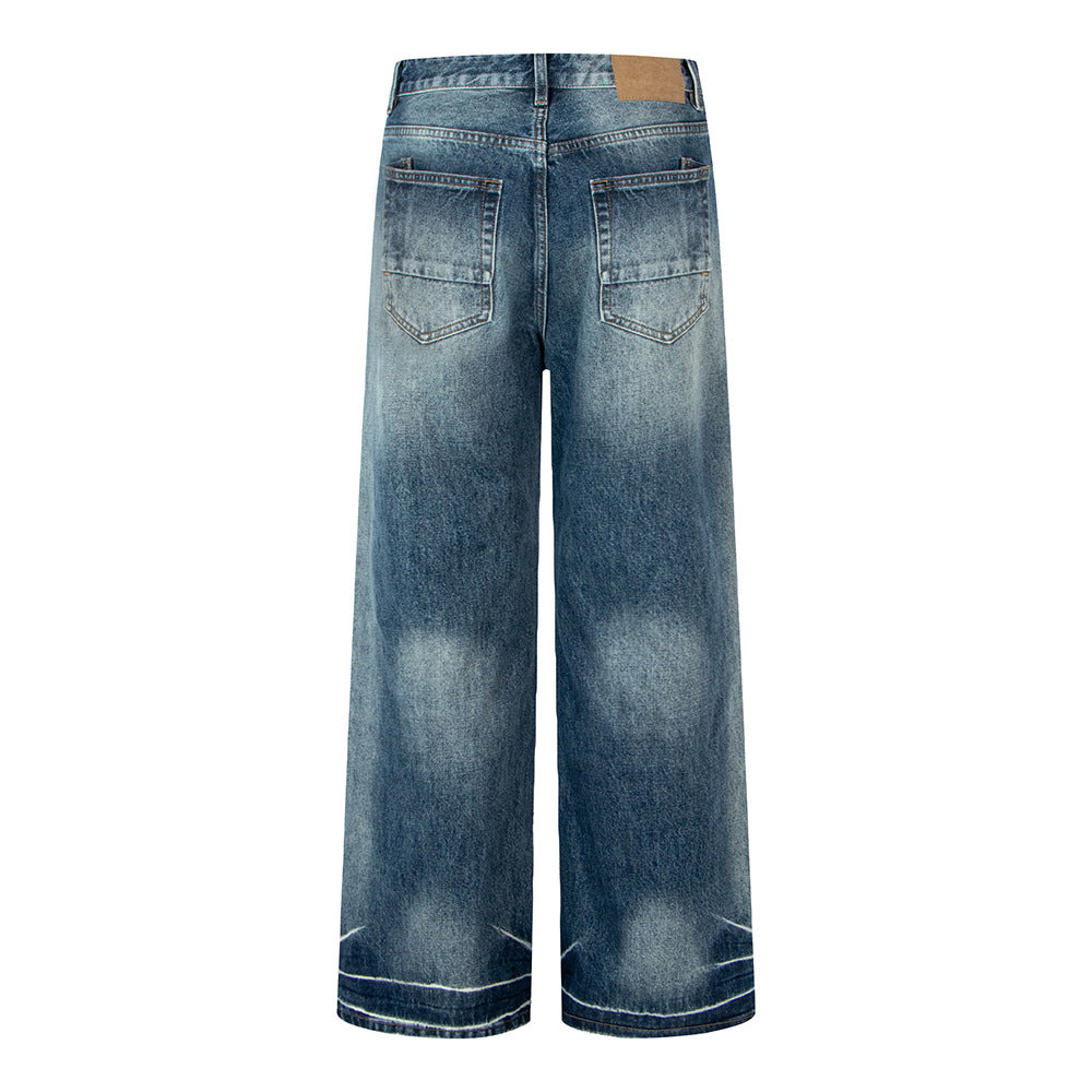 Vintage blauwe losse unisex jeans met rechte pijpen trendy gewassen en versleten look