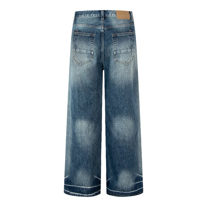 Vintage blauwe losse unisex jeans met rechte pijpen trendy gewassen en versleten look