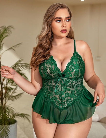 Sexy Lace Bow Deep V-Neck Plus Size Sleepwear Style Dress
