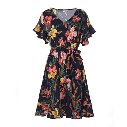 Women Boho Short Mini Dress Summer Floral Printed V-Neck Bow Knot Beachwear Sundress Ladies Short Sleeve Ruffles Loose Vestidos