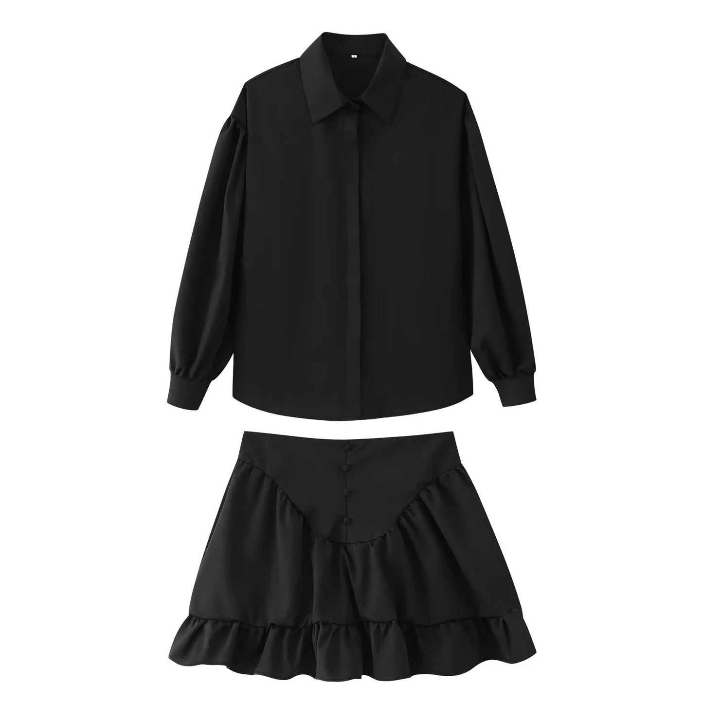 Women's Fashion Lapel Buttoned Blouse with Ruffle Hem Skirt Set