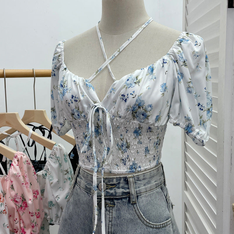 Hanging neck tie floral top