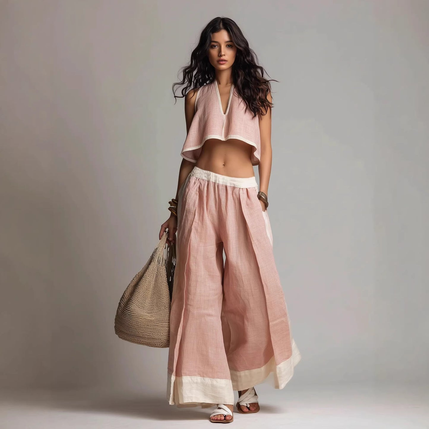 Summer Fashion Casual Temperament Solid Color Sleeveless V-Neck Two-Piece Set