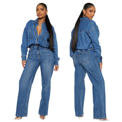 Slim fit elastic loose long sleeved denim jumpsuit