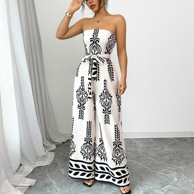 Bedrukte strapless jumpsuit met wijde pijpen en ceintuur nauwsluitende pasvorm