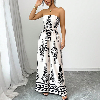 Bedrukte strapless jumpsuit met wijde pijpen en ceintuur nauwsluitende pasvorm