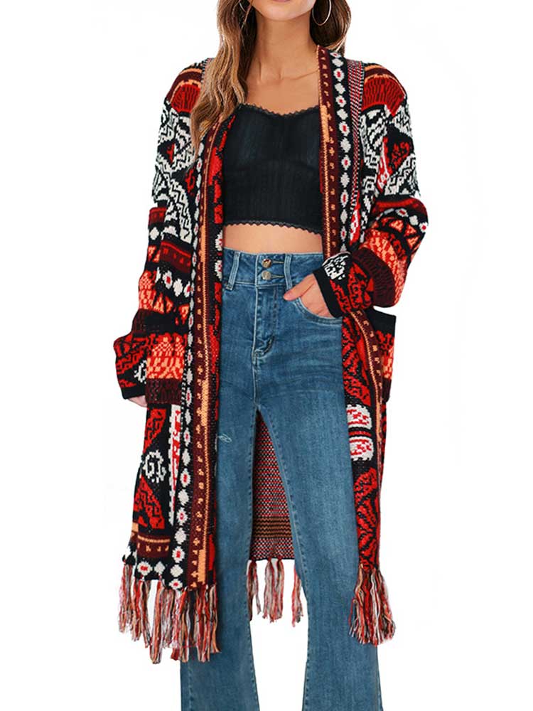 Gebreide bohemian lange cardigan met kwastjes voor dames