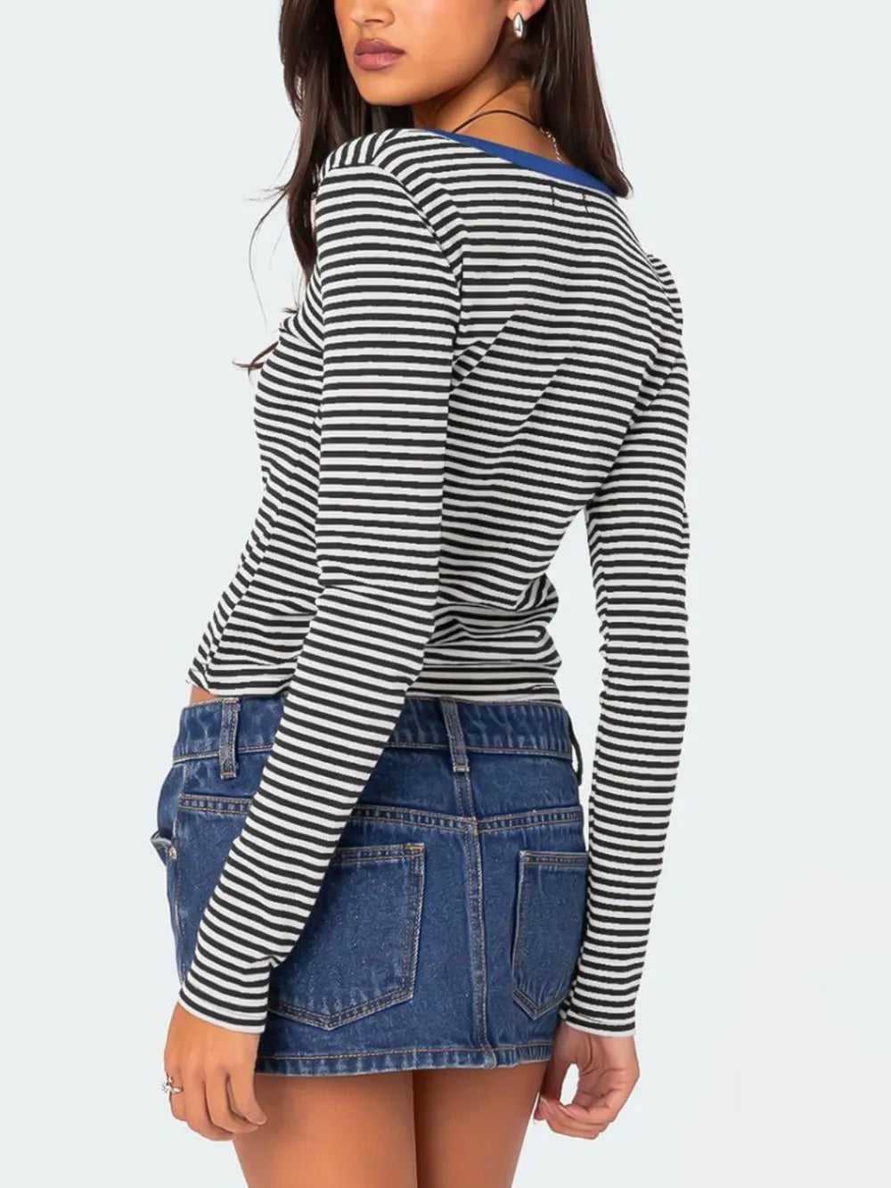 Color blocking striped knitted sweater women's summer top button slim fit shoulder t-shirt