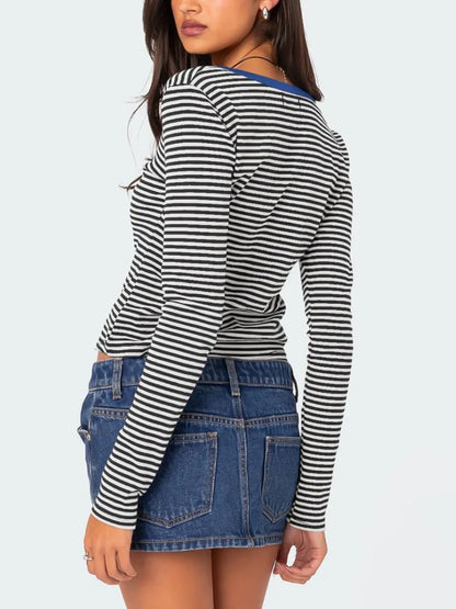 Color blocking striped knitted sweater women's summer top button slim fit shoulder t-shirt