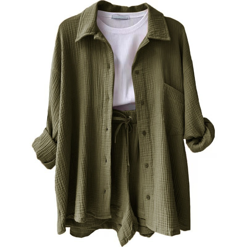 Wrinkled collar long sleeved shirt high waisted drawstring shorts two-piece set